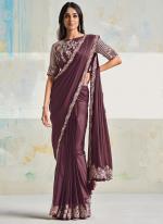 Sattin Silk Crepe Wine Wedding Wear Embroidery Work Ready To Wear Saree